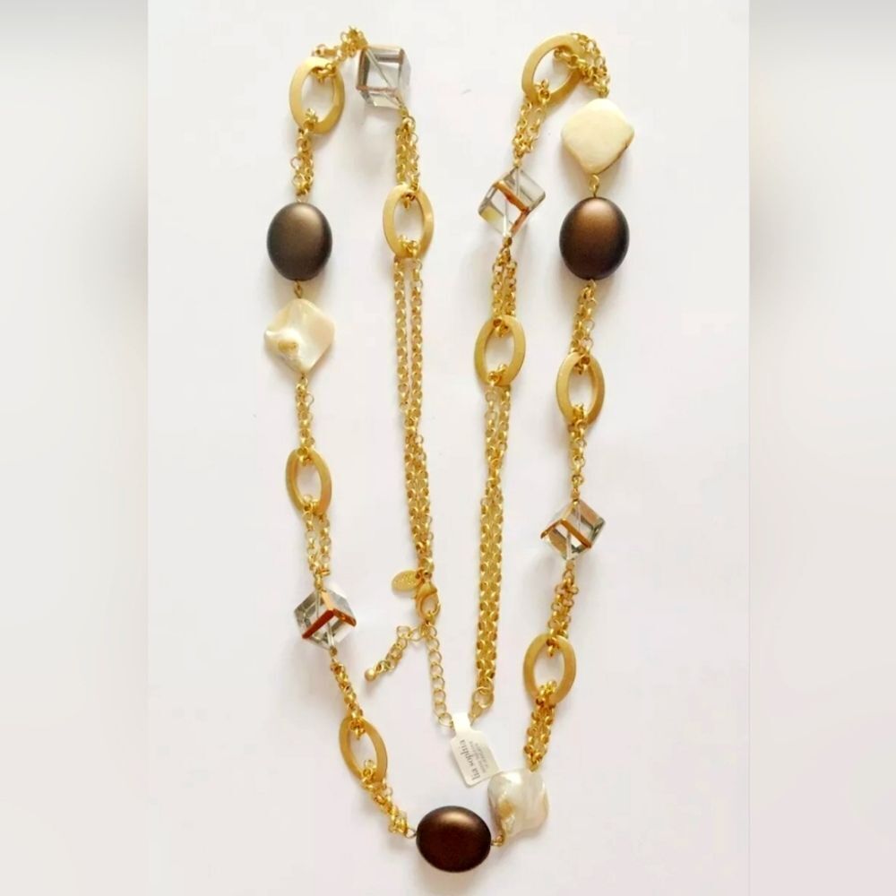 LIA SOPHIA GOLD TONE RESIN/ MOTHER OF PEARL 35"- 38" NECKLACE NWT
